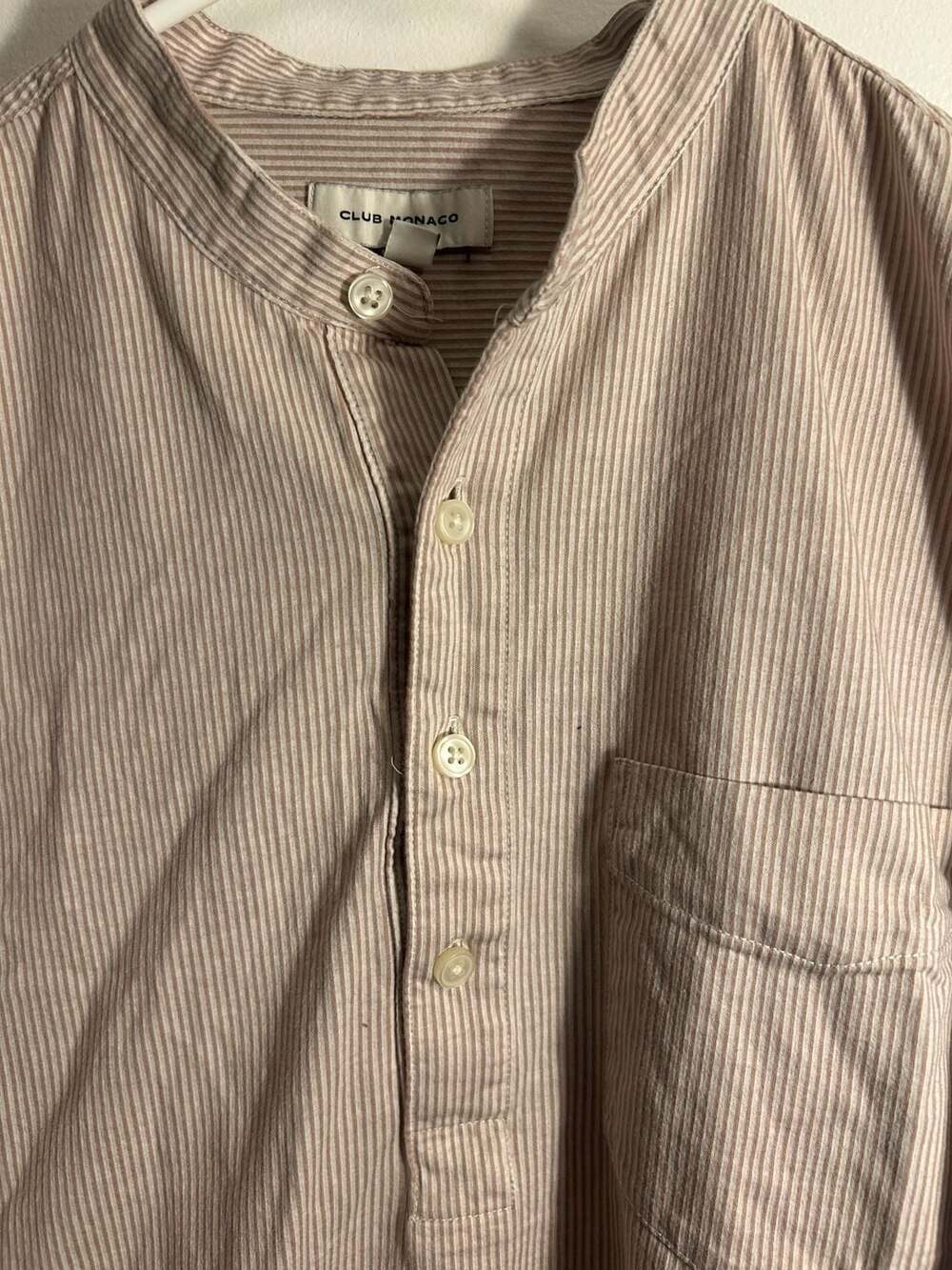 Club Monaco Striped Short Sleeve Grandad Collar Popover Shirt - Picture 2 of 4